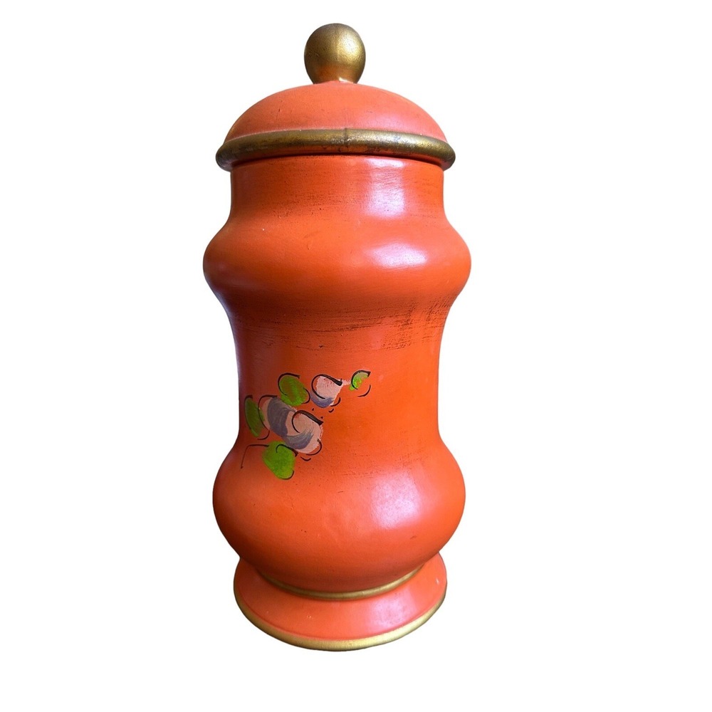 Italian Art Pottery Vase Hand Painted Orange Floral Gold Matte Mid Century - Picture 4 of 8